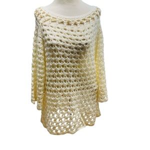 Chicos Crochet Pullover Sweater Size 2 Ivory Elbow Length Sleeve Round Neck Boho